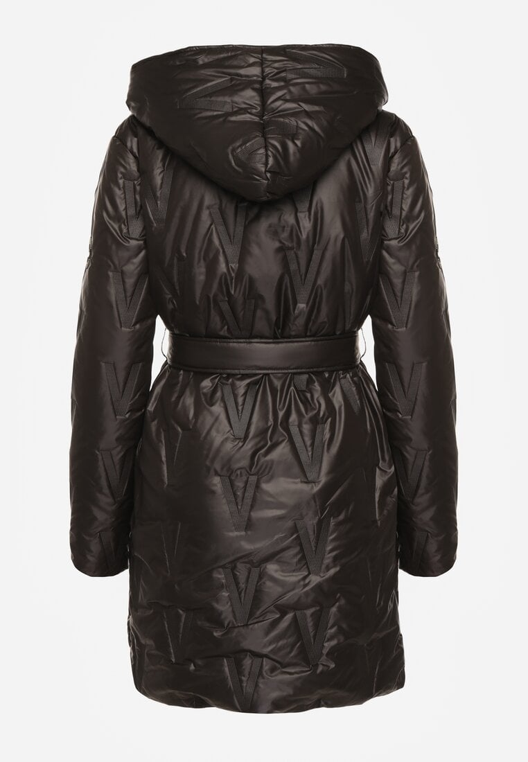 Czarna Pikowana Kurtka z Kapturem i Wiązanym Paskiem Elladie