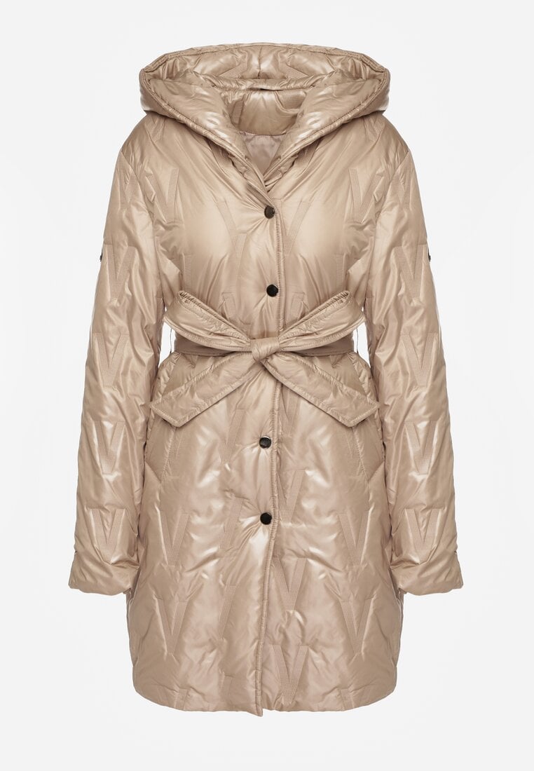 Ciemnobeżowa Pikowana Kurtka z Kapturem i Wiązanym Paskiem Elladie