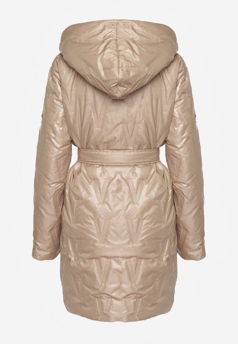 Ciemnobeżowa Pikowana Kurtka z Kapturem i Wiązanym Paskiem Elladie