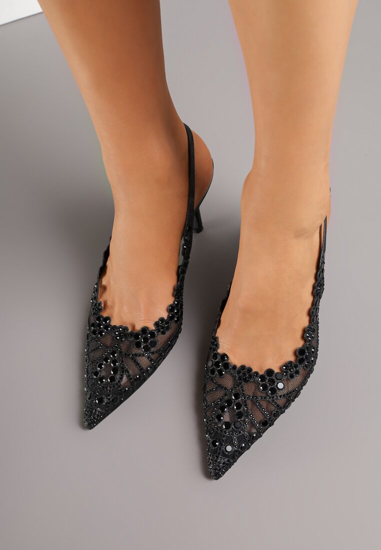 Czarne Sandały na Szpilce Slingback z Ażurową Cholewką Latilena