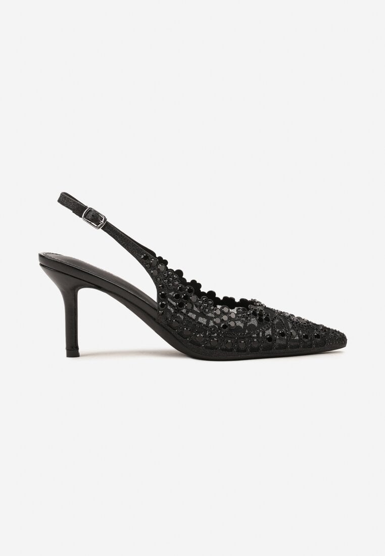 Czarne Sandały na Szpilce Slingback z Ażurową Cholewką Latilena