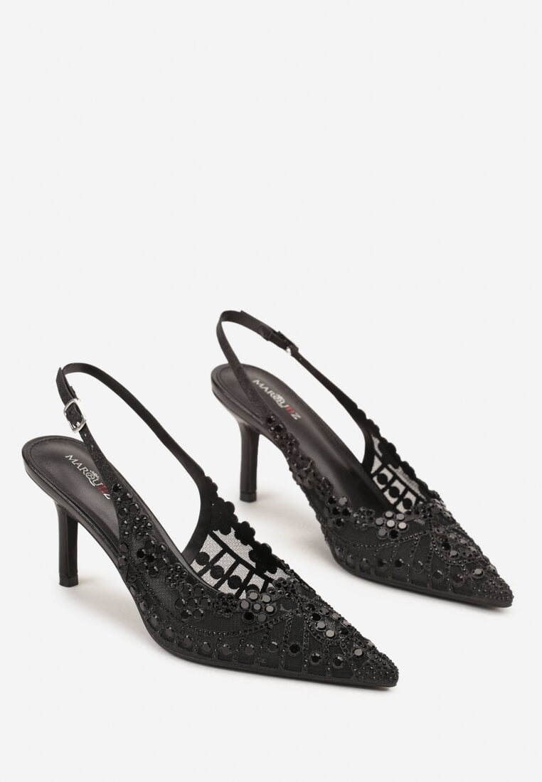 Czarne Sandały na Szpilce Slingback z Ażurową Cholewką Latilena