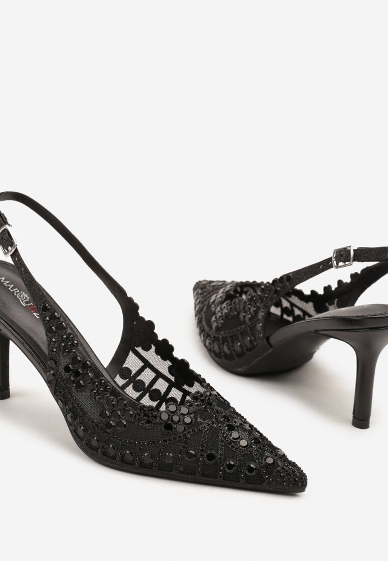Czarne Sandały na Szpilce Slingback z Ażurową Cholewką Latilena