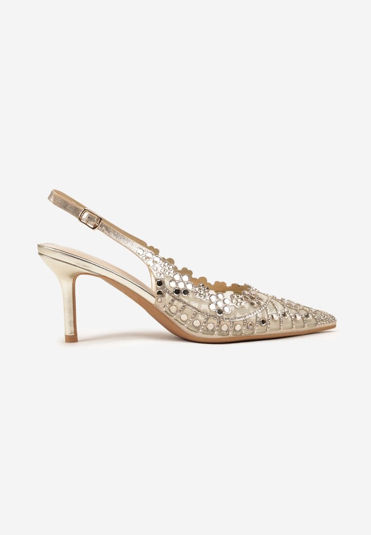 Złote Sandały na Szpilce Slingback z Ażurową Cholewką Latilena