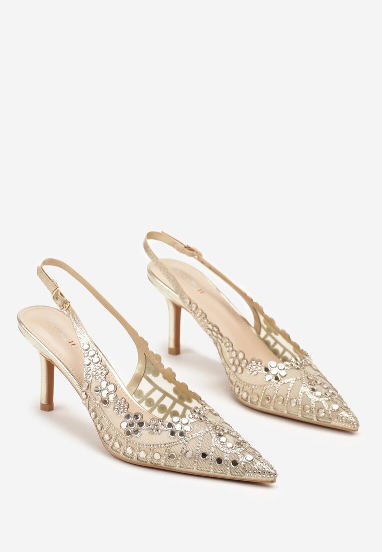 Złote Sandały na Szpilce Slingback z Ażurową Cholewką Latilena
