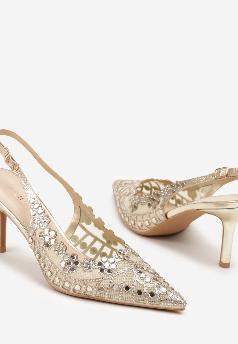 Złote Sandały na Szpilce Slingback z Ażurową Cholewką Latilena