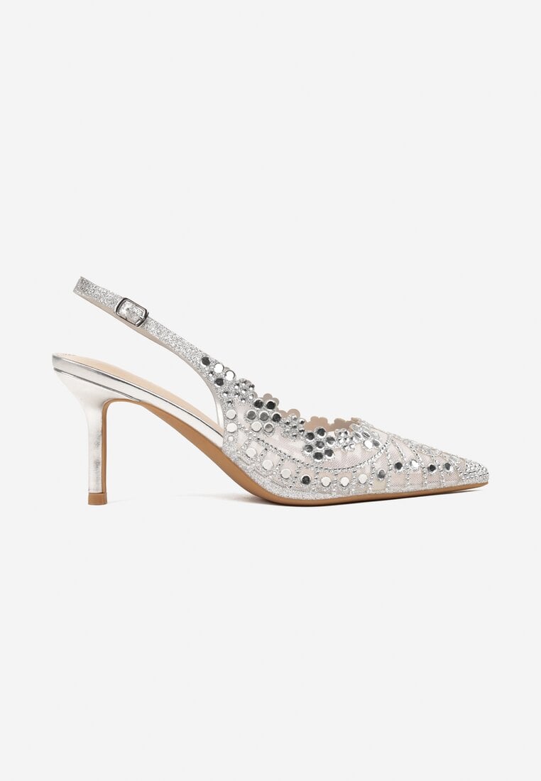 Srebrne Sandały na Szpilce Slingback z Ażurową Cholewką Latilena