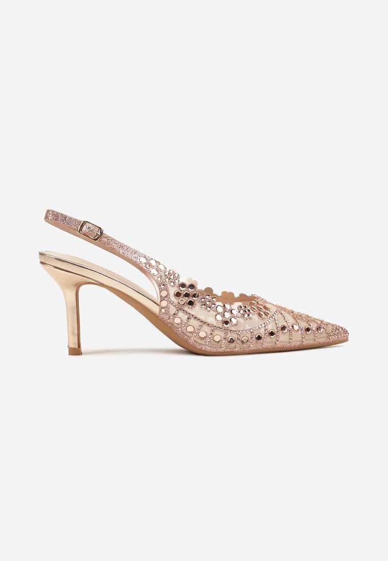 Szampańskie Sandały na Szpilce Slingback z Ażurową Cholewką Latilena
