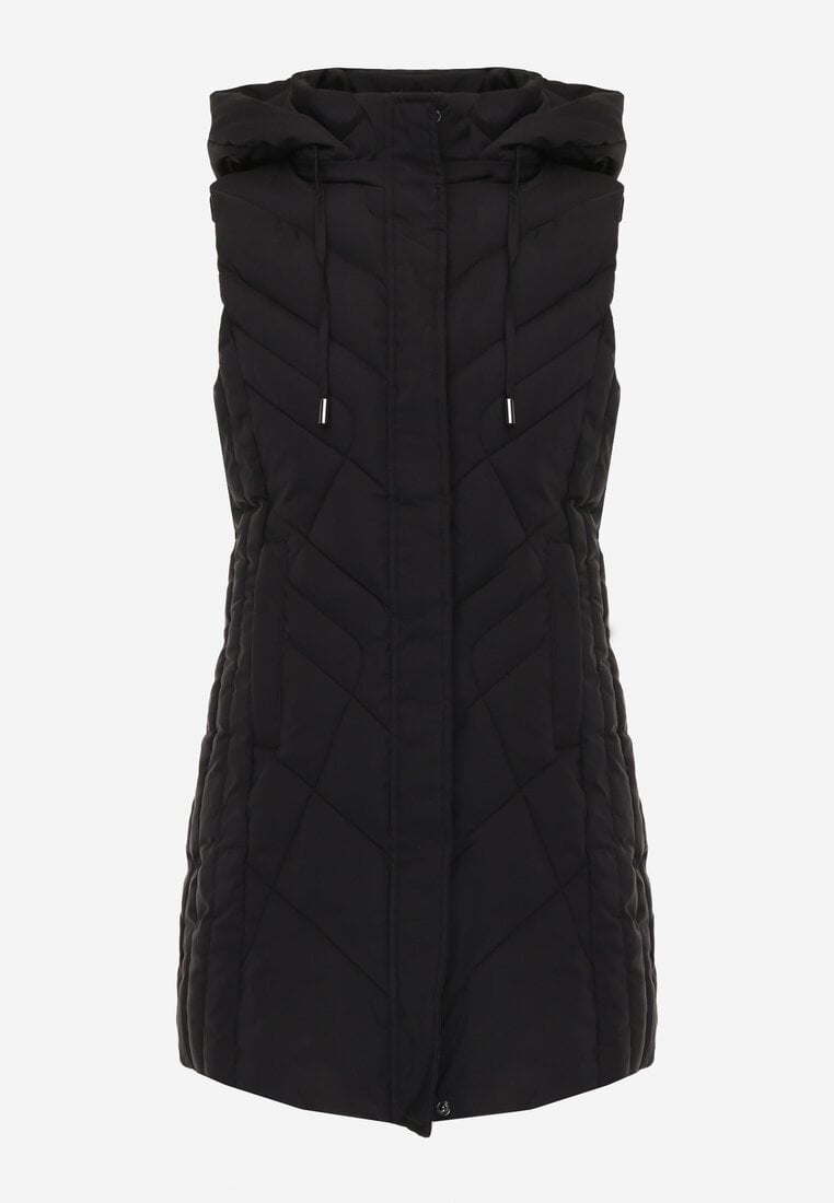 Czarna Pikowana Kamizelka o Taliowanym Kroju z Kapturem Tulonea