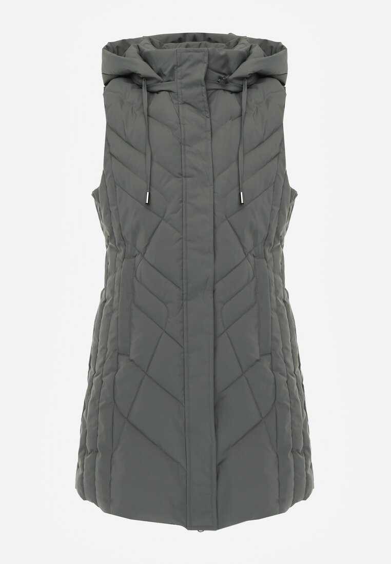 Zielona Pikowana Kamizelka o Taliowanym Kroju z Kapturem Tulonea