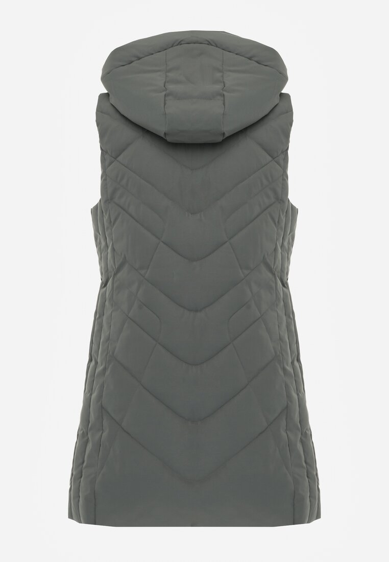 Zielona Pikowana Kamizelka o Taliowanym Kroju z Kapturem Tulonea