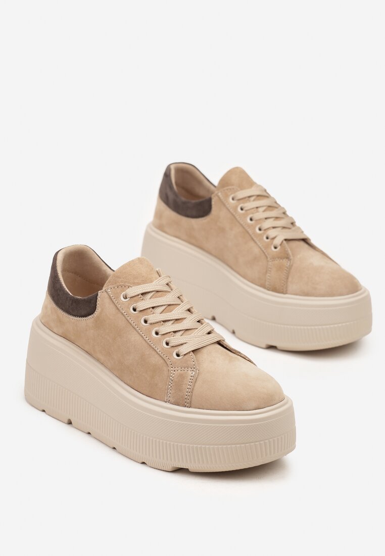Beżowe Sneakersy na Platformie z Naturalnego Zamszu Latavesa
