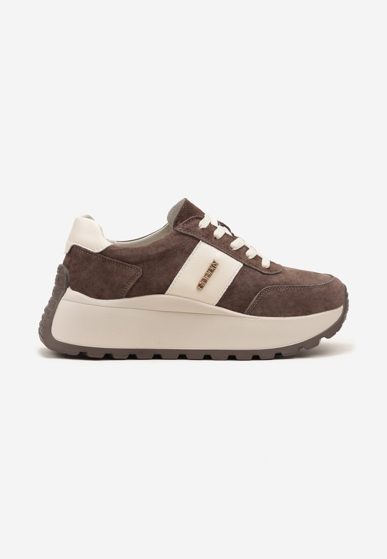 Brązowe Sneakersy na Platformie z Naturalnego Zamszu z Geometrycznym Wzorem i Napisem Latalissa