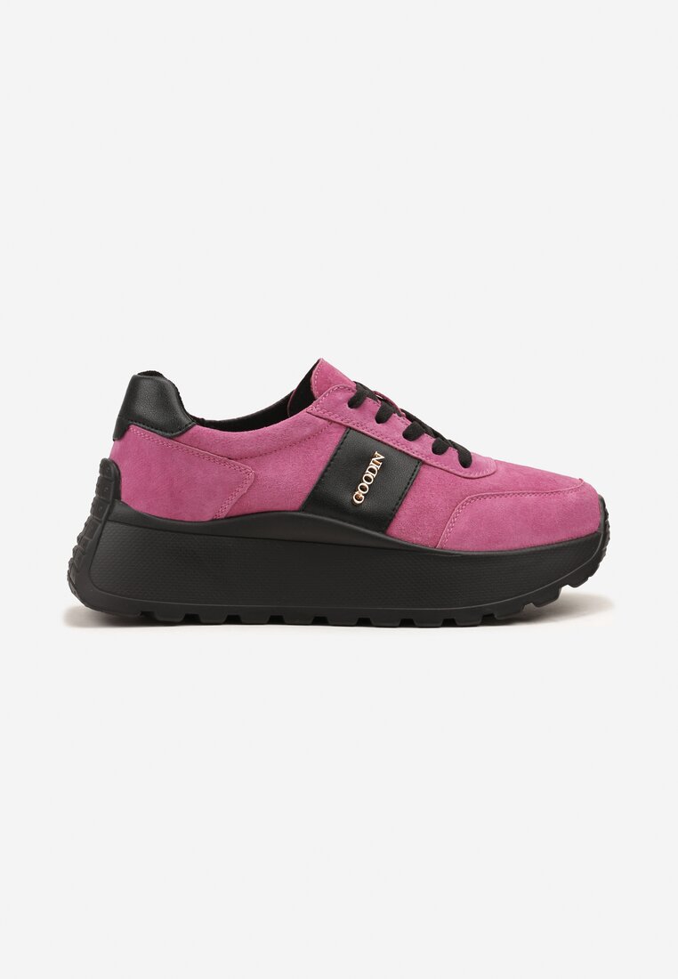 Różowo-Czarne Sneakersy na Platformie z Naturalnego Zamszu z Geometrycznym Wzorem i Napisem Latalissa