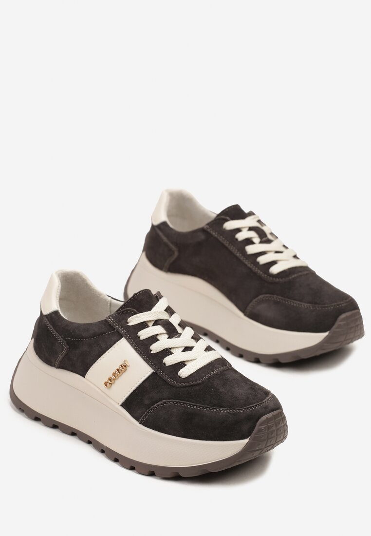 Brązowe Sneakersy z Naturalnego Zamszu ze Skórzaną Wkładką Latisella