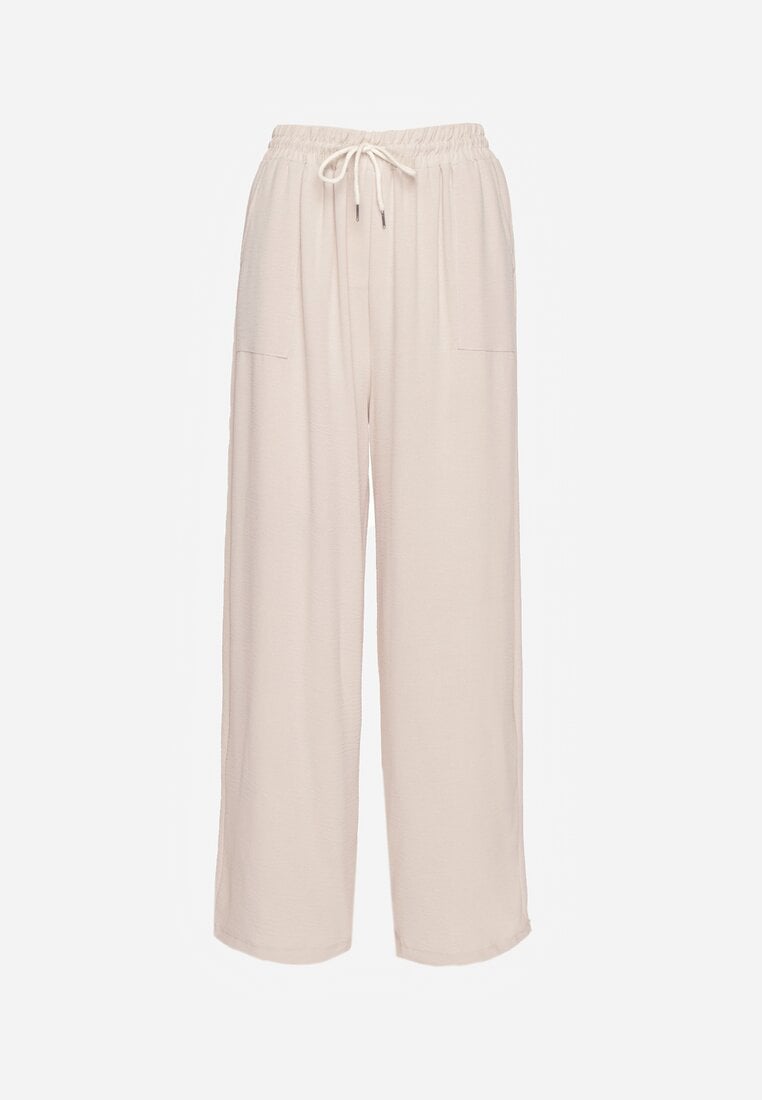 Beżowe Szerokie Spodnie z Wiskozą z Gumką w Pasie Lealirre