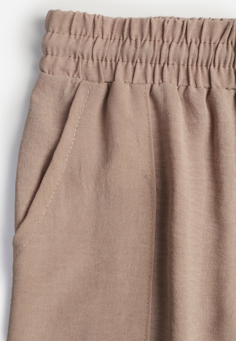 Ciemnobeżowe Szerokie Spodnie z Wiskozą z Gumką w Pasie Lealirre