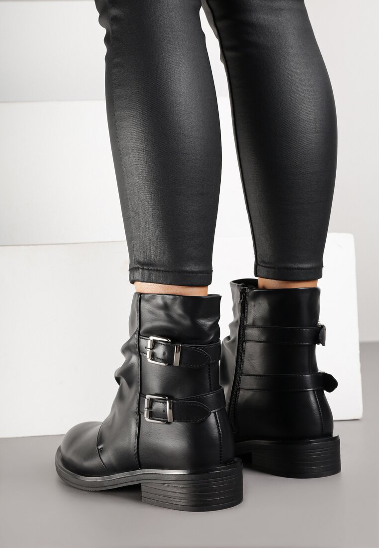Czarne Botki Typu Biker Boots ze Sprzączkami Tulianelle