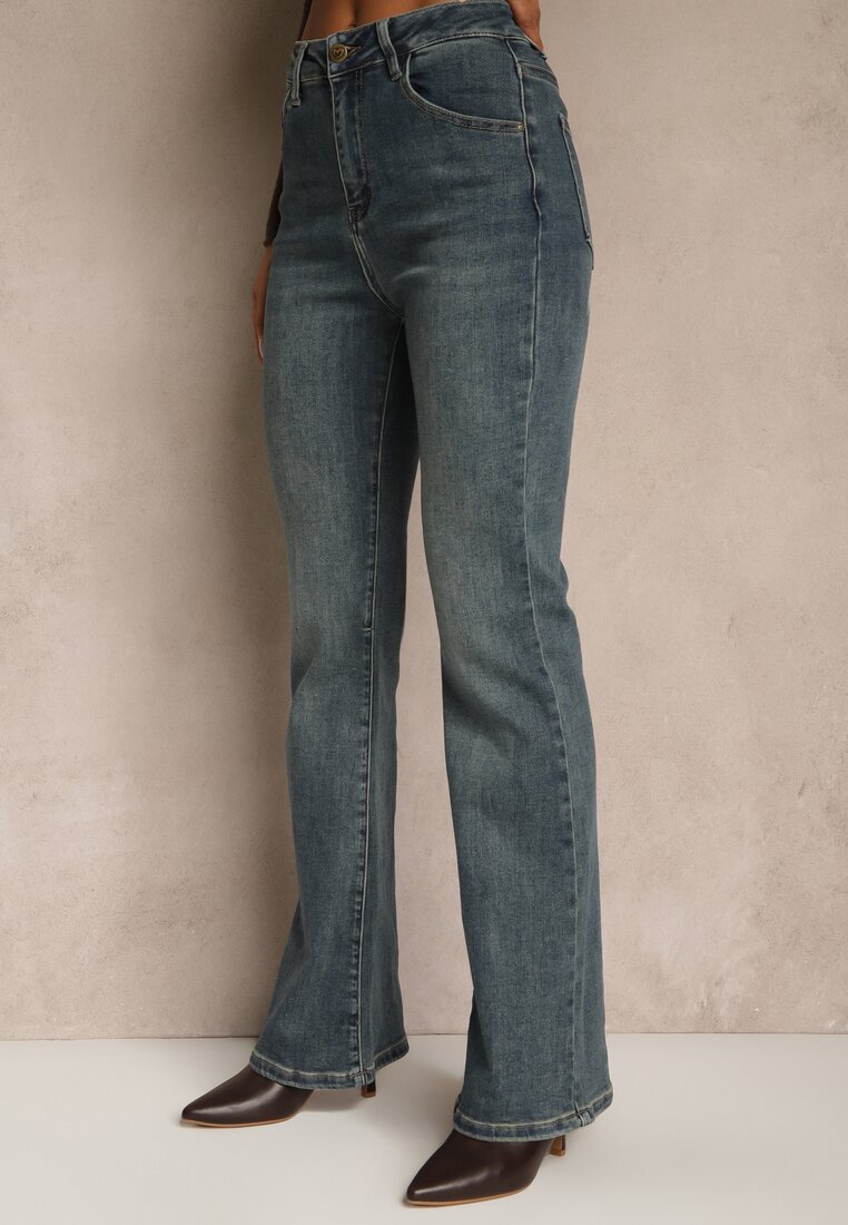 Niebieskie Jeansy High Waist o Kroju Dzwonów Feseara