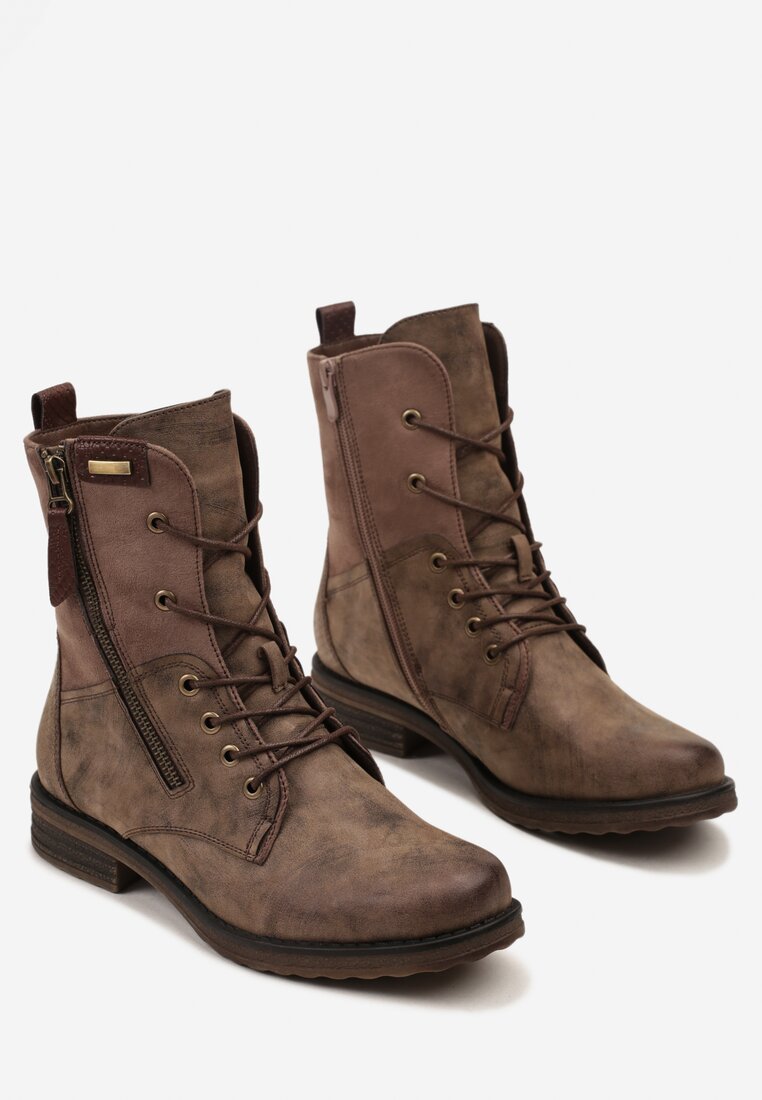Brązowe Botki w Stylu Vintage ze Sznurowaniem Vemlora