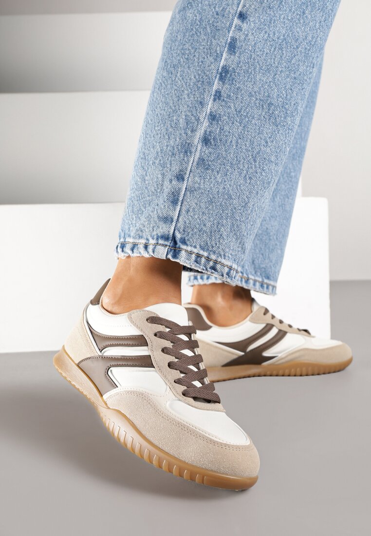 Ciemnobeżowe Sneakersy Tenisówki z Geometrycznym Motywem Fesindia