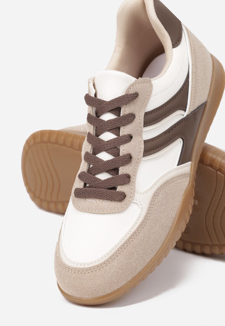 Ciemnobeżowe Sneakersy Tenisówki z Geometrycznym Motywem Fesindia