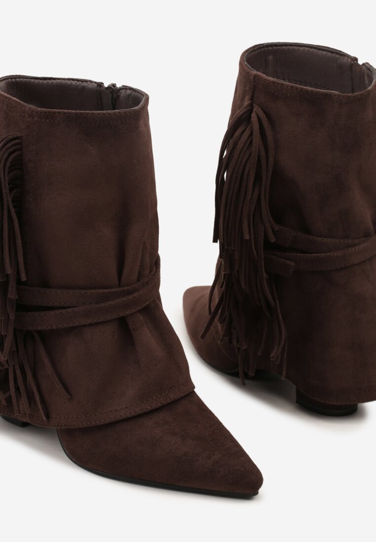 Brązowe Botki Boho z Cholewką Imitującą Nogawkę i Frędzlami Zaslie