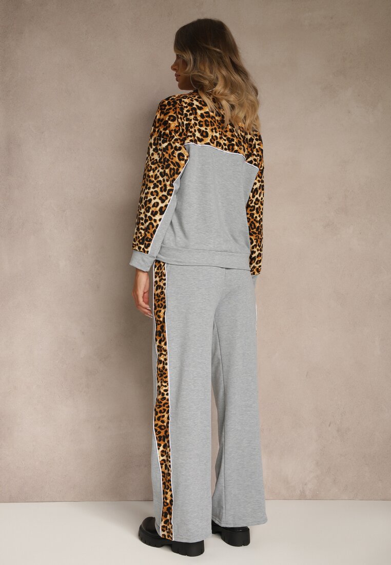 Szary Komplet Dresowy z Panterkowymi Wstawkami Bluza i Spodnie Wide Leg Redrie