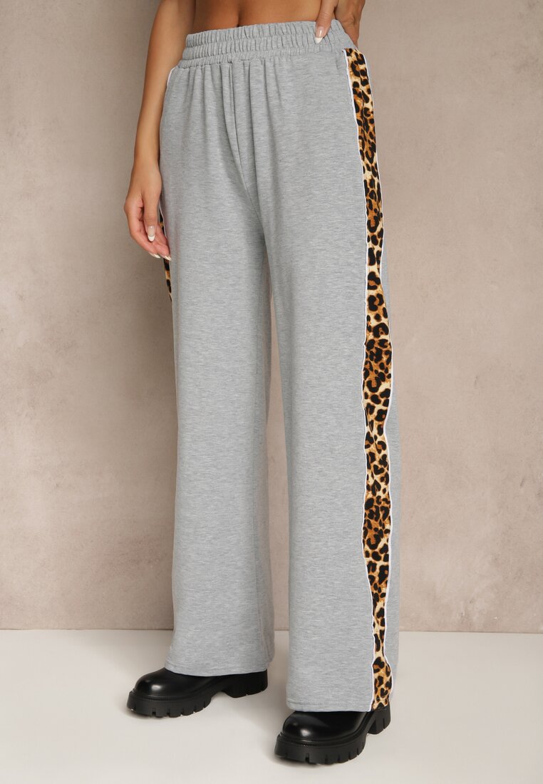 Szary Komplet Dresowy z Panterkowymi Wstawkami Bluza i Spodnie Wide Leg Redrie