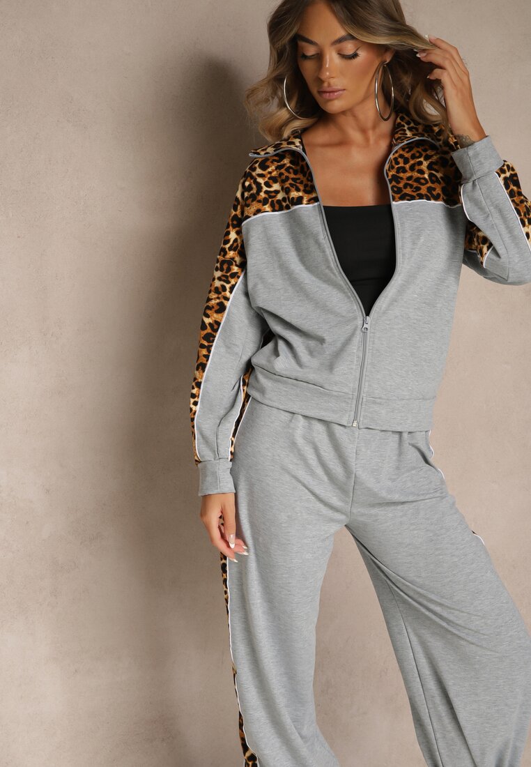 Szary Komplet Dresowy z Panterkowymi Wstawkami Bluza i Spodnie Wide Leg Redrie