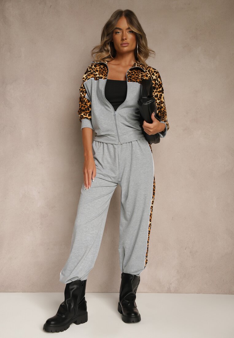 Szary Komplet Dresowy z Panterkowymi Wstawkami Bluza i Spodnie Wide Leg Redrie