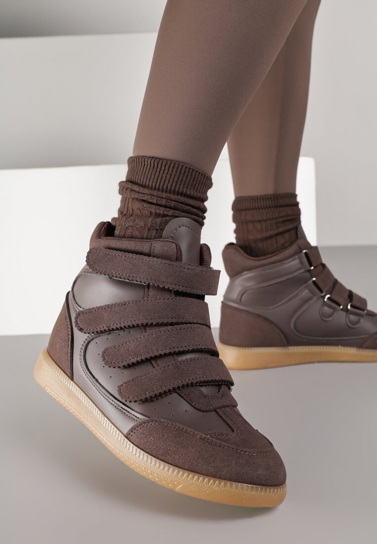 Brązowe Sneakersy na Ukrytym Koturnie Ozdobione Przeszyciami Tlavie