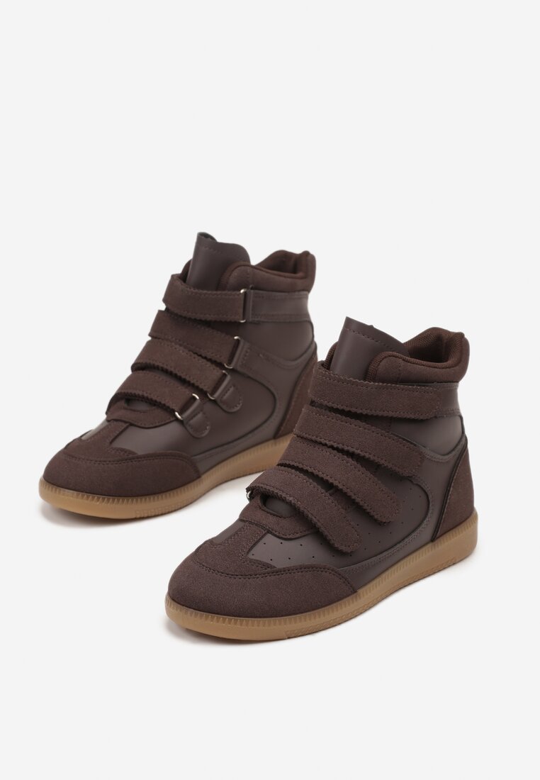 Brązowe Sneakersy na Ukrytym Koturnie Ozdobione Przeszyciami Tlavie
