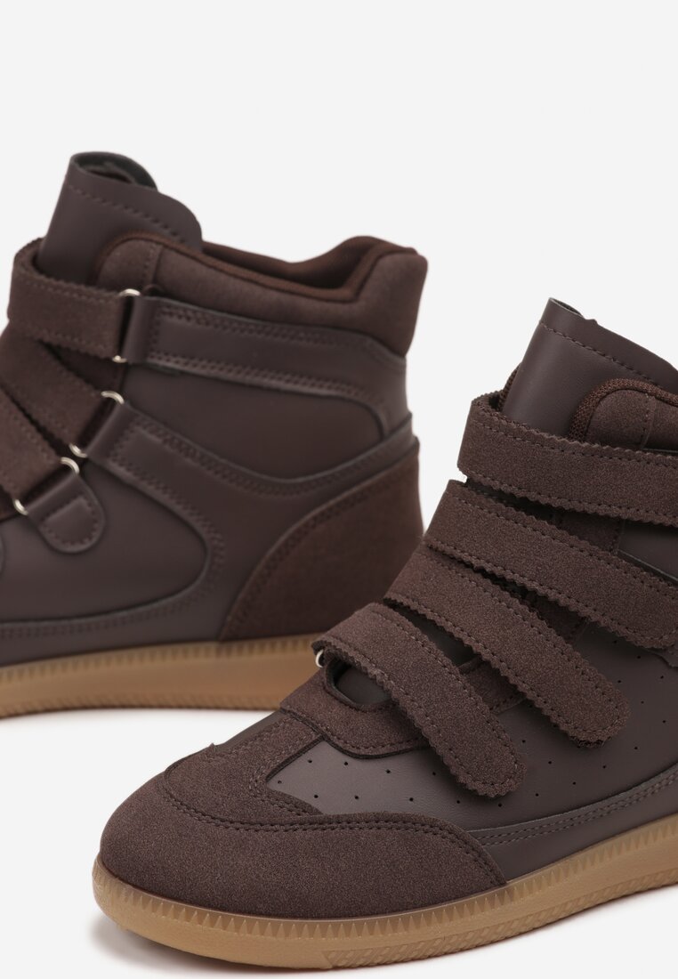 Brązowe Sneakersy na Ukrytym Koturnie Ozdobione Przeszyciami Tlavie