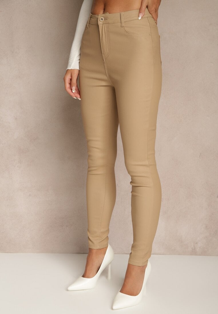 Beżowe Casualowe Spodnie Skinny o Modelującym Fasonie Elovi