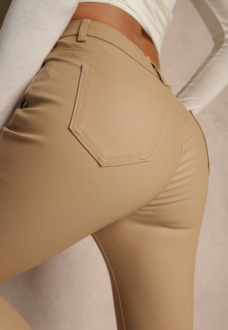 Beżowe Casualowe Spodnie Skinny o Modelującym Fasonie Elovi