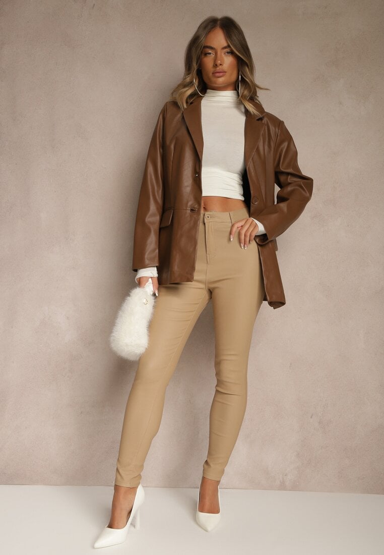 Beżowe Casualowe Spodnie Skinny o Modelującym Fasonie Elovi