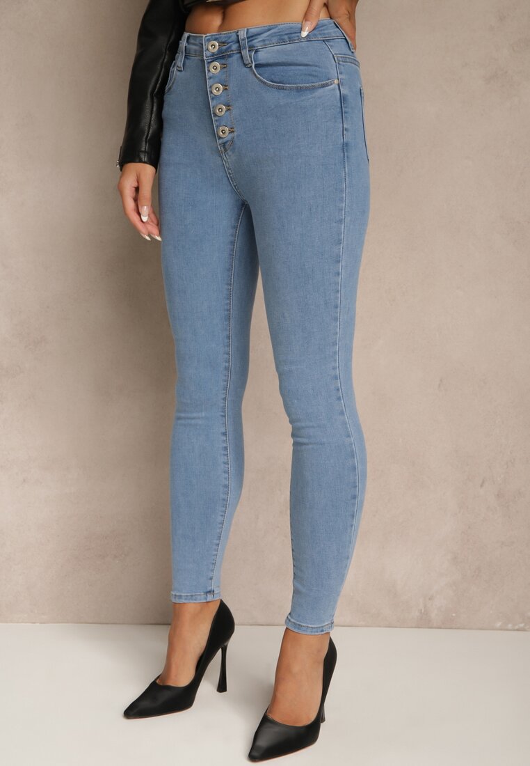 Niebieskie Bawełniane Jeansy Skinny z Guzikami Hirgisse