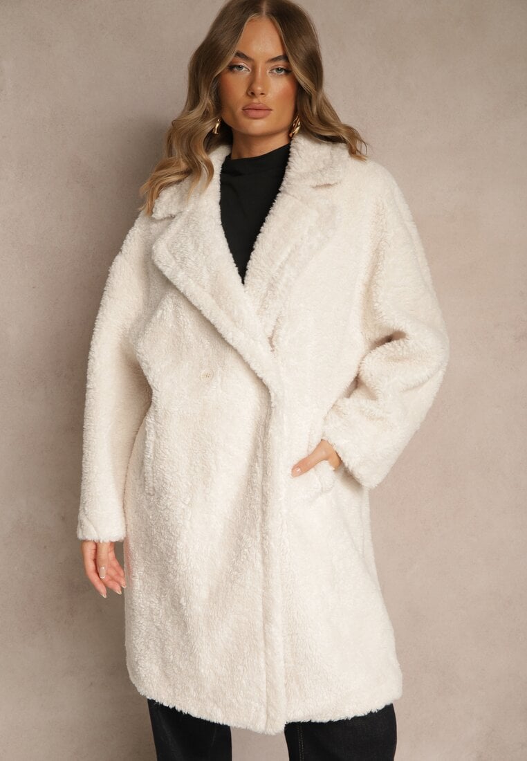Biały Płaszcz Teddy o Dwurzędowym Kroju Oversize Azzena
