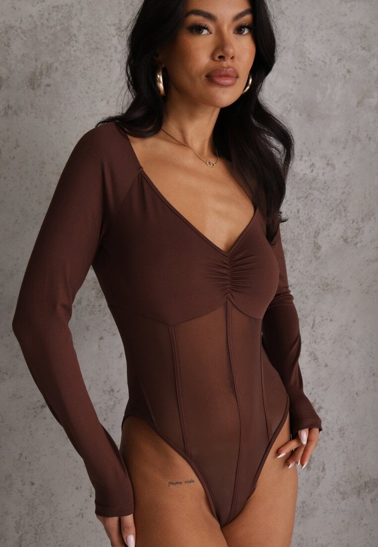 Brązowe Body Vices o Fasonie Longsleeve z Dekoltem w Kształcie V Asstre