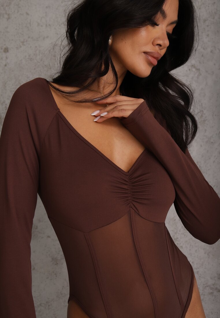 Brązowe Body Vices o Fasonie Longsleeve z Dekoltem w Kształcie V Asstre