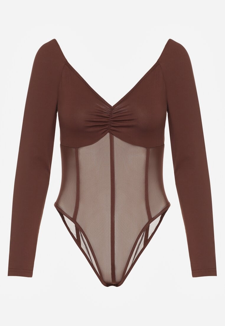 Brązowe Body Vices o Fasonie Longsleeve z Dekoltem w Kształcie V Asstre