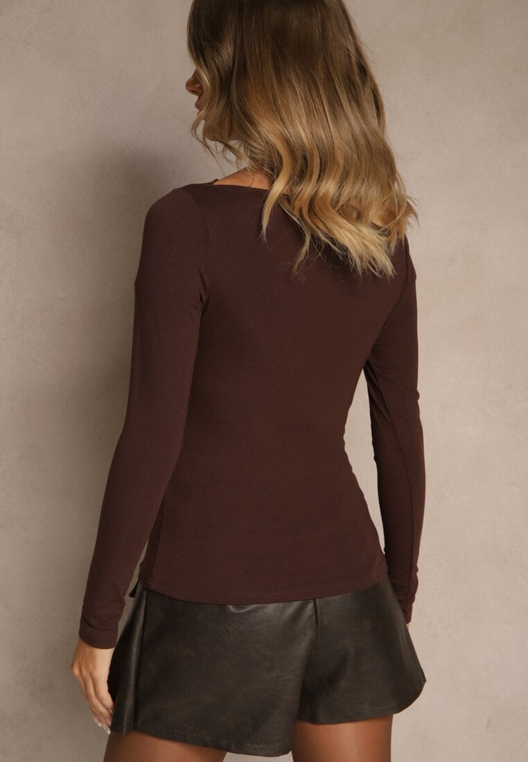Brązowa Wiskozowa Bluzka Longsleeve z Dekoltem Typu Łódka Zaide