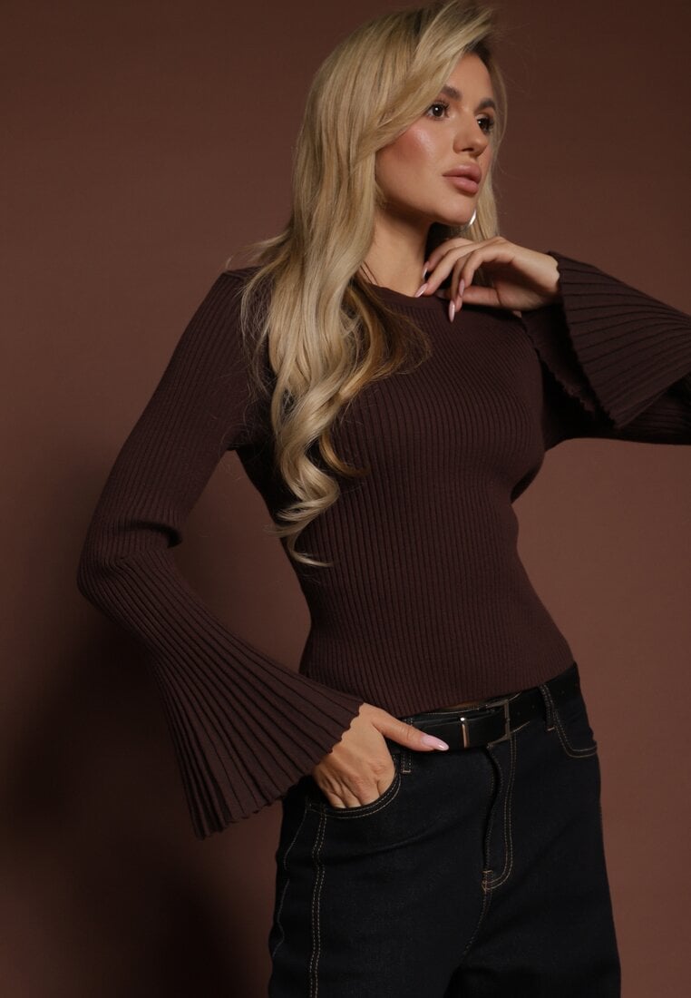 Brązowy Sweter z Dzianiny w Prążki z Wiskozą z Rozszerzanymi Rękawami Sediane