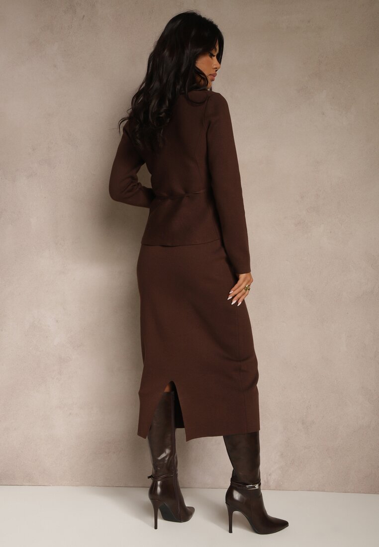 Brązowy Elegancki Komplet Garniturowy z Wiskozą Taliowana Marynarka i Spódnica Zaite