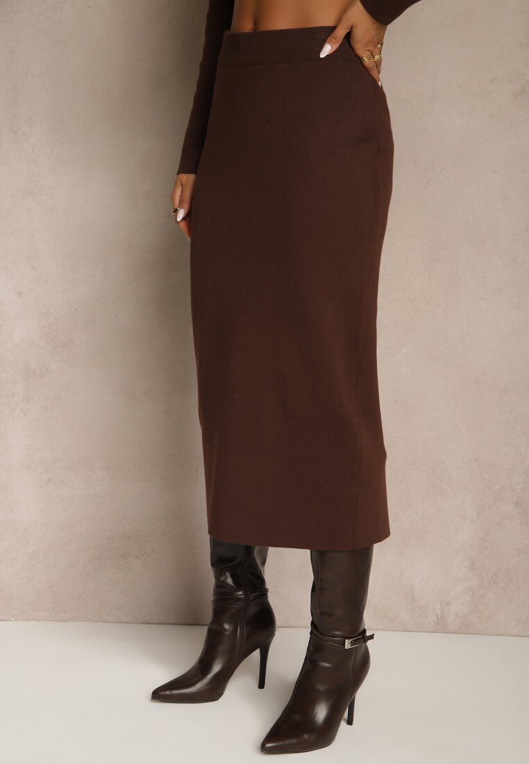 Brązowy Elegancki Komplet Garniturowy z Wiskozą Taliowana Marynarka i Spódnica Zaite