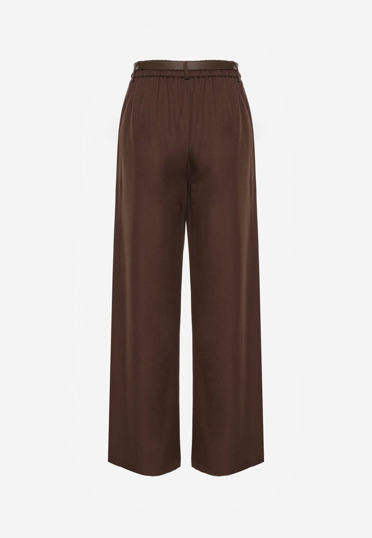 Brązowe Szerokie Spodnie Garniturowe Ozdobione Paskiem Cirrive