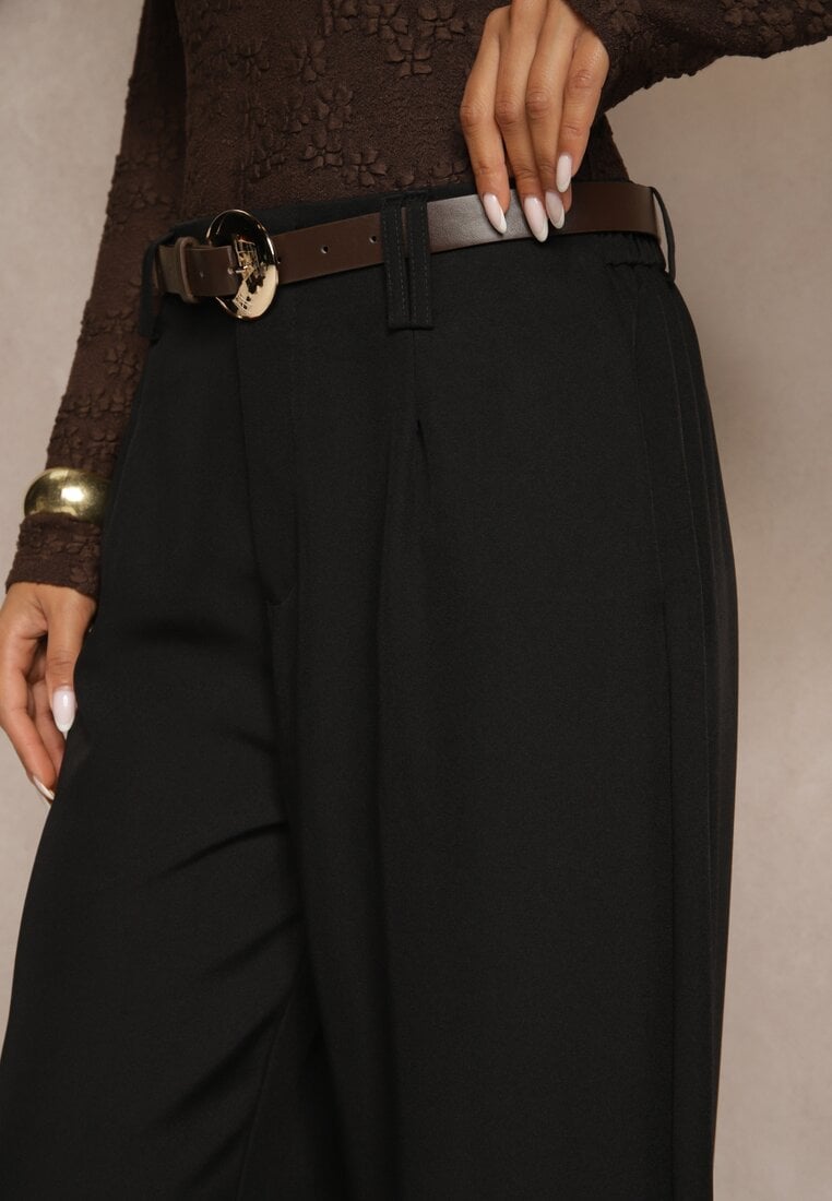 Czarne Garniturowe Spodnie Wide Leg z Dodatkowym Paskiem Cintriane