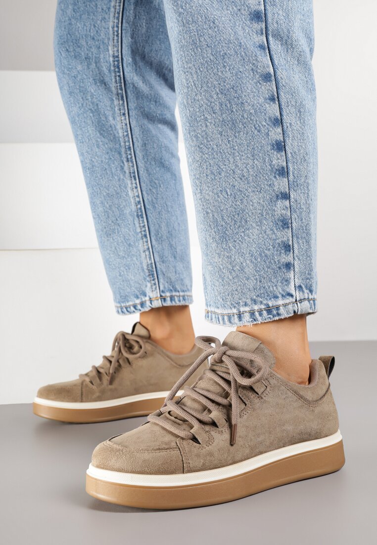 Ciemnobeżowe Sneakersy z Ozdobnymi Przeszyciami Zailera