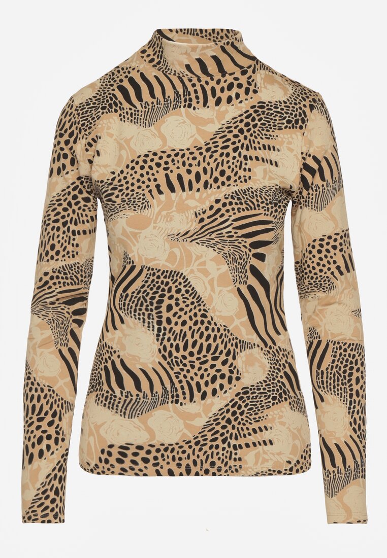 Beżowo-Czarna Bluzka Longsleeve z Bawełny z Półgolfem i Panterkowym Printem Unalla